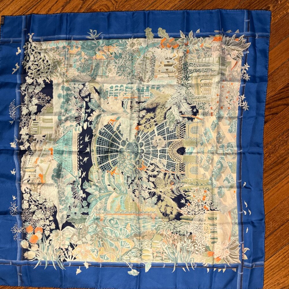 hermes annie faivre jardin l'hiver 90 silk scarf blue - Picture 5 of 6